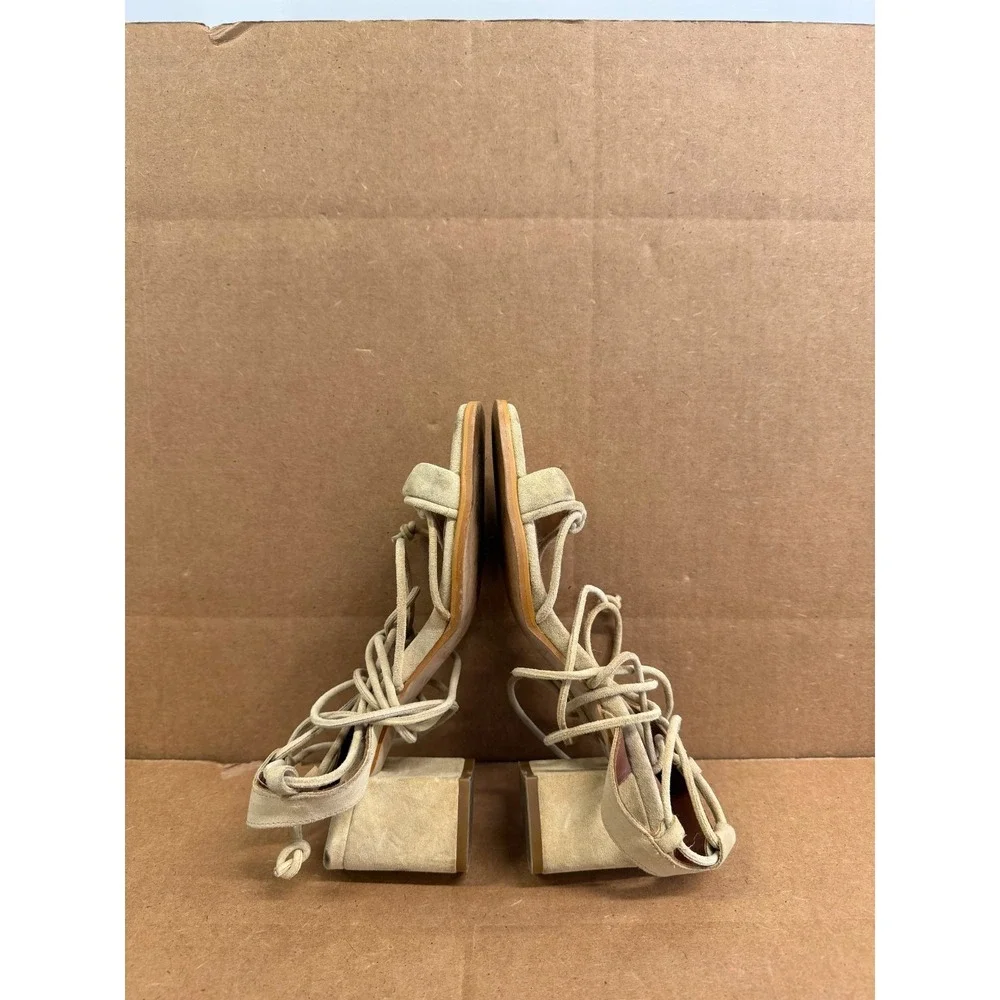 Alohas Sophie Suede Leather Block Heel Strappy Sandals Beige Womens Size 36 EU